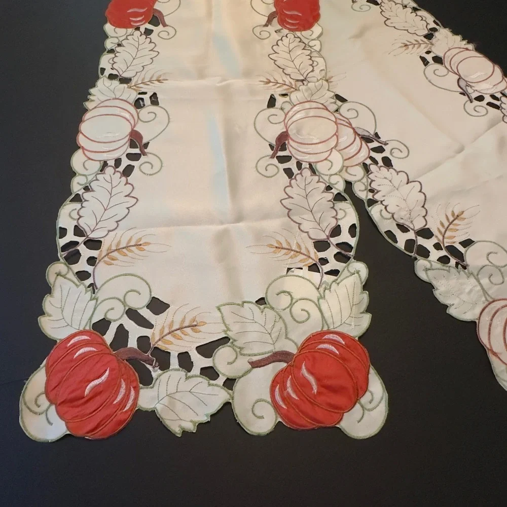 Table Runner 70x13 Cream Good Pumpkin Embroidered Cutwork Fall Thanksgiving